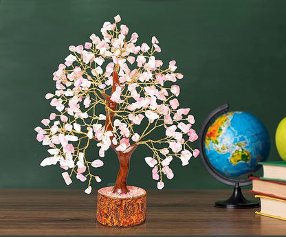 Rose Quartz Chakra Tree of Life Crystal Decor – Feng Shui Money Tree for Good Luck – Spiritual Positive Energy Healing Gemstone Home Office Wealth Attraction Decoration 300 Beads 10 Inches