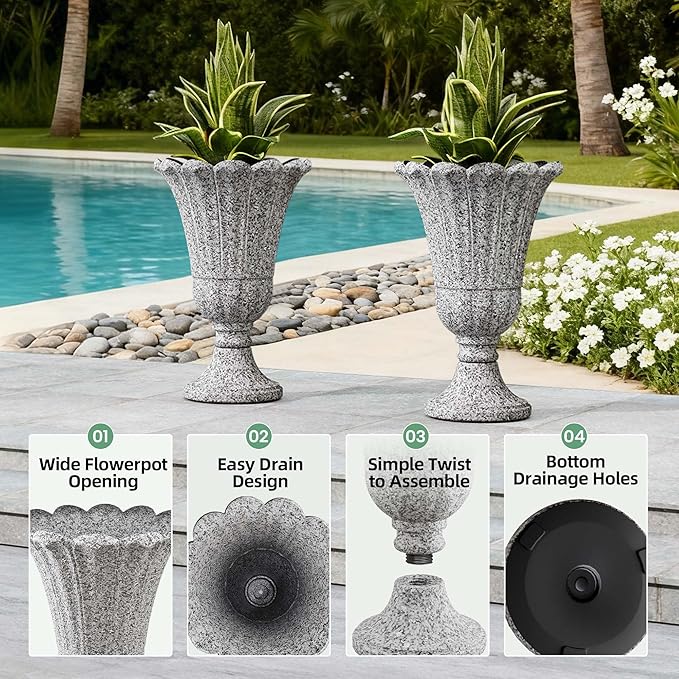 23.6" Tall Plastic Urn Planters for Outdoor Plants with Drainage Holes & Petal Design, Set of 2 Sturdy Base Classic Indoor Large Flower Pots, Outdoor Planters for Porch/Home/Garden, Slate Gray