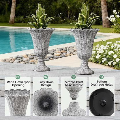 23.6" Tall Plastic Urn Planters for Outdoor Plants with Drainage Holes & Petal Design, Set of 2 Sturdy Base Classic Indoor Large Flower Pots, Outdoor Planters for Porch/Home/Garden, Slate Gray