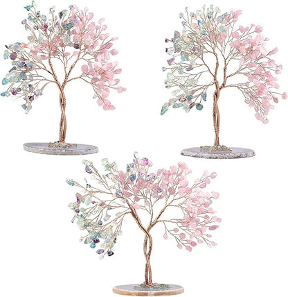mookaitedecor Handmade Rose Quartz & Fluorite Crystal Tree with Agate Slice Base, Bonsai Money Tree of Life for Wealth and Luck, Feng Shui Home Decor, Colorful