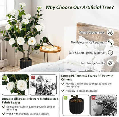 Goplus 38’’ Artificial Camellia Tree, Flower Plants Artificial Tree, Faux Floral Plant Blooming Tree in Cement Pot, Greenery Potted Plant for Indoor Outdoor Office Home Porch Decor