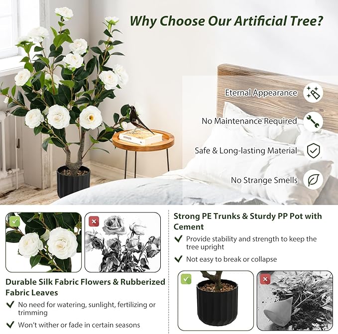 Goplus 38’’ Artificial Camellia Tree, 2 Pack Flower Plants Artificial Tree, Faux Floral Plant Blooming Tree in Cement Pot, Greenery Potted Plant for Indoor Outdoor Office Home Porch Decor