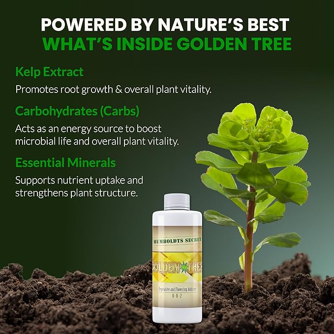 Humboldts Secret Golden Tree Liquid Plant Food | Enhances Growth Indoors or Outdoors | All-in-One Plant Nutrients for Vegetables, Trees, Flowers, Fruits, Roses, Lawns, Tomatoes | 8 Ounce