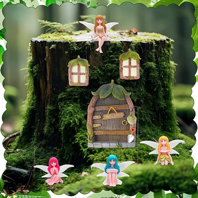 Glowing Miniature Fairy Garden Accessories, 4-Piece Miniature Fairy Figurines Glow in The Dark Fairy Door and Windows for Trees Set, Resin Light Up Sculpture Kit for Outdoor & Indoor Gardens