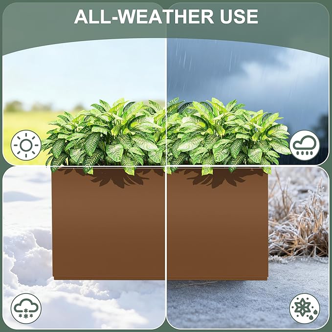 Metal Outdoor Planter Box, Rectangular Large Planters for Outdoor Plants with Drainage Holes for Patio, All-Weather Use, Rust-Resistance (38" L x 15" W x 16" H, Brown)