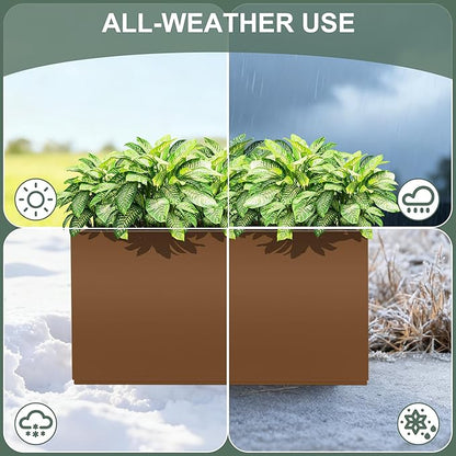 Metal Outdoor Planter Box, Rectangular Large Planters for Outdoor Plants with Drainage Holes for Patio, All-Weather Use, Rust-Resistance (38" L x 15" W x 16" H, Brown)