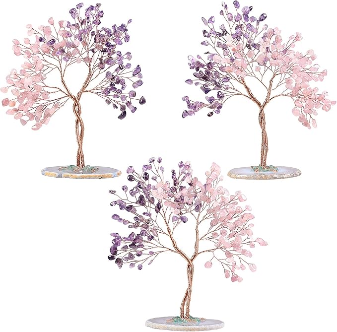 mookaitedecor Handmade Rose Quartz & Amethyst Crystal Tree with Agate Slice Base, Bonsai Money Tree of Life for Wealth and Luck, Feng Shui Home Decor