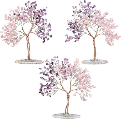 mookaitedecor Handmade Rose Quartz & Amethyst Crystal Tree with Agate Slice Base, Bonsai Money Tree of Life for Wealth and Luck, Feng Shui Home Decor