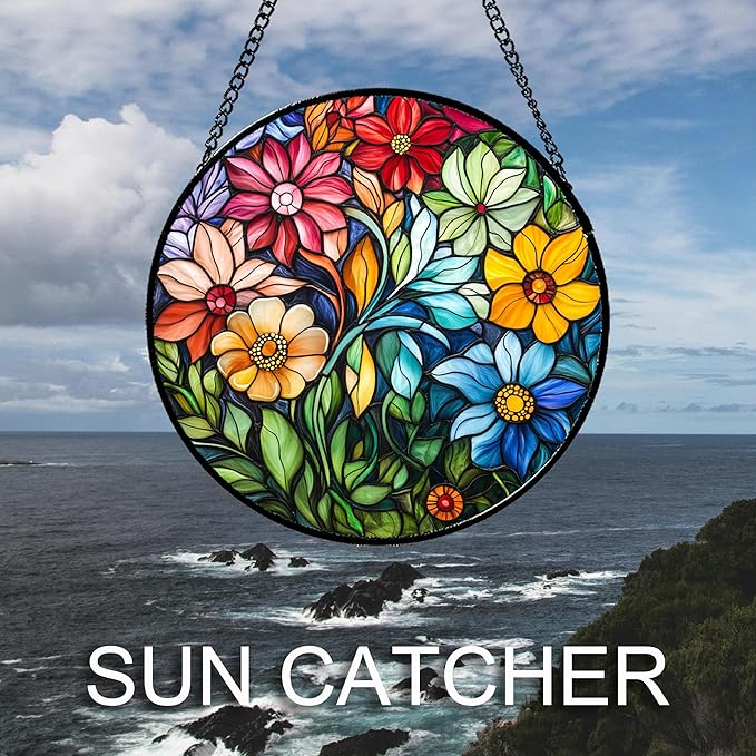 Stained Glass Window Hanging Colorful Flowers and Green Plants 7.8" - Suncatcher Door Garden Sun Catcher Home Decor Birthday Christmas for Mom Men Woman Nana Friend
