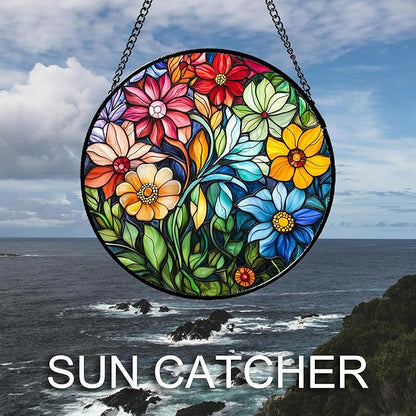 Stained Glass Window Hanging Colorful Flowers and Green Plants 6.3" - Suncatcher Door Garden Sun Catcher Home Decor Birthday Christmas for Mom Men Woman Nana Friend
