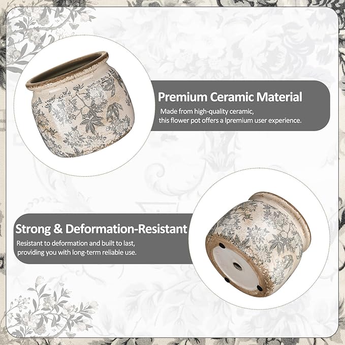 7.7" Large Vintage Ceramic Plant Pot with Baroque Floral Pattern Beige Gray Rustic Planter with Ice Crackle Glaze & Drainage Hole for Indoor Outdoor Plants Home Office Kitchen Decor Gift