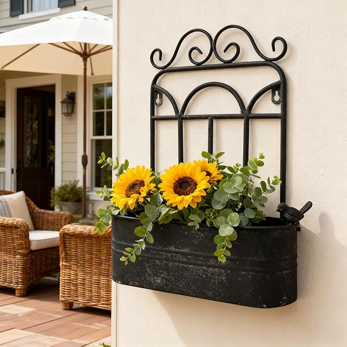 Rustic Metal Wall Planter Country Garden Wall Hanging Mount Vase Pocket Outdoor Vintage Hanging Pot Farmhouse Wall Decor for Plants Flowers (Black)