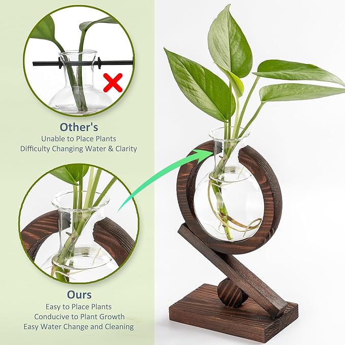 Plant Propagation Station,Plant Terrarium with Wooden Stand,Air Planter Bulb Glass Vase Holder Table Top Decor,Birthday Gifts for Home Office Garden Boho Desk Decor (Light Wood Color)