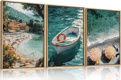 Natural Coastal Ocean Framed Canvas Wall Art Set,Mediterranean Amalfi Blue Green Beach Seascape Decor,Modern Summer Seaside Boat & Umbrella Artwork for Living Room,Bedroom,Farmhouse- 16"x24"x3