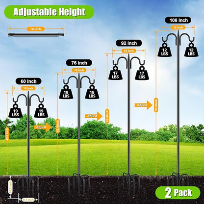 Gtongoko Double Shepherds Hook for Outdoor, 2 Pack 108 Inch Heavy Duty Bird Feeder Pole 3/4 Inch Thick Garden Hooks for Hanging Hummingbird Feeder, Plant Baskets, Solar Light Lanterns