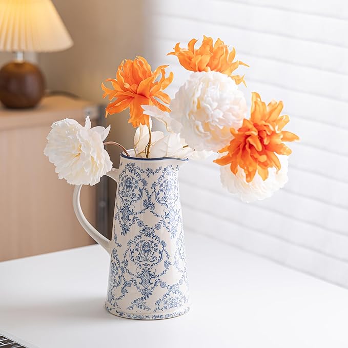 Blue and White Vase, Vintage Blue Ceramic Flower Vessel,Ceramic vases for Home Decor,Vintage Vase for Home Decor, Living Room, Shelf, Office, Rustic Table Centerpiece (Tall)