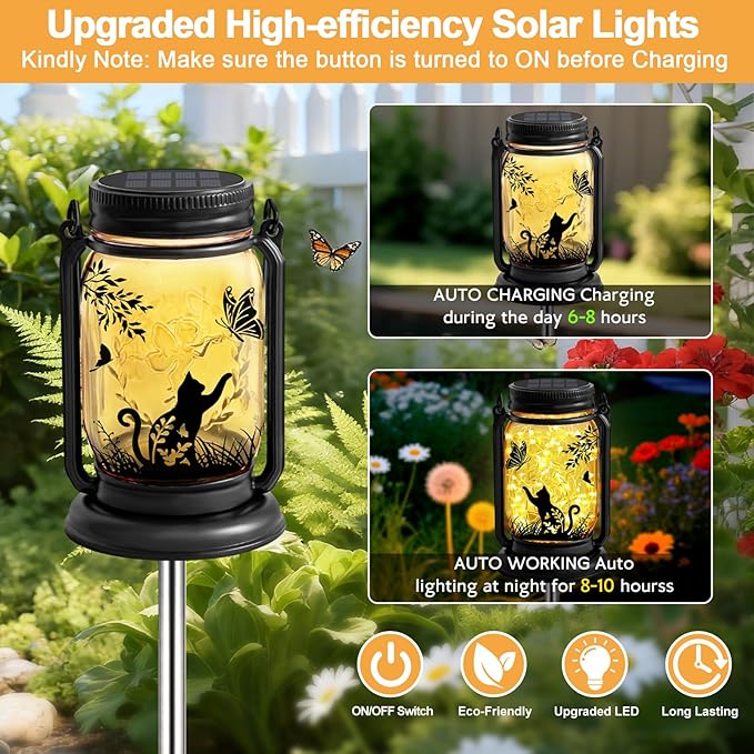 2 Pack Cat Solar Lanterns, Outdoor Hanging Solar Lantern with Stake, Birthday Gifts for Mom, Grandma,Women,Black Cat Butterfly Vintage Glass Mason Jar Waterproof Lights for Yard Garden Decor