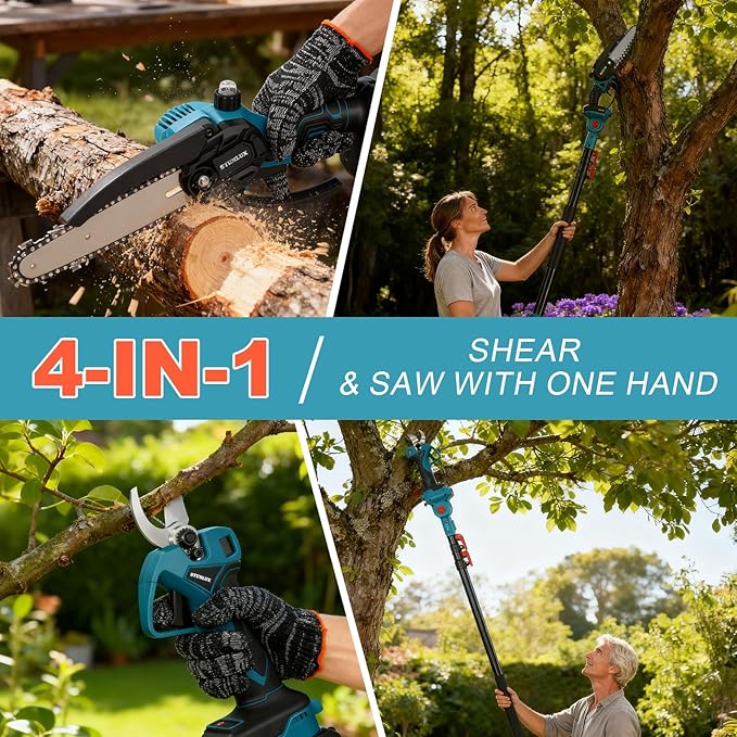 4-in-1 Cordless Pole Saw & Electric Pruning Shears Set, Electric Pruning Shears & 6 Inch pole saws for tree trimming with 7ft Max Extension Pole, 2*4.0Ah Batteries,Electric Pole Saw Tree Trimming Kit