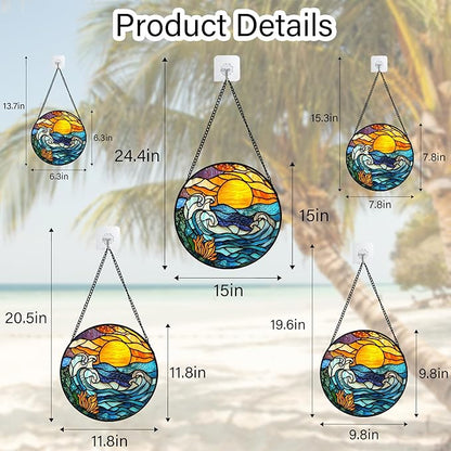 Stained Glass Window Hanging, Orange Sun Blue Sea Waves Landscape Suncatcher for Doors Window Home Sun Catchers Decor Mother's Day Birthday Gifts for Women, Men Mom 7.8 in