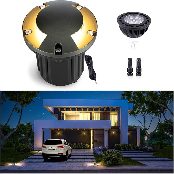 Gardenreet In Ground Well Light - Brass 12V Ip65 Outdoor Waterproof Landscape Lighting, Low Voltage LED In-Grade Turret Top Light, Antique Bronze for Deck Walkway Patio with 2700K Warm White MR16 Bulb