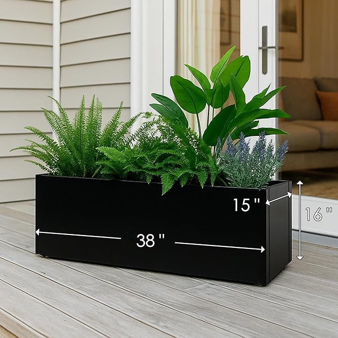 Kozyard 38”Lx15”Wx16”H Large Rectangular Planter Meta Planter for Indoor Outdoor All-Weather Use with Drainage Holes Removable Grow Liner Plants Flowers Shrubs