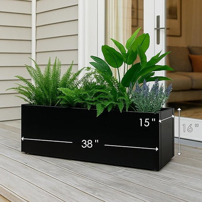 Kozyard 38”Lx15”Wx16”H Large Rectangular Planter Meta Planter for Indoor Outdoor All-Weather Use with Drainage Holes Removable Grow Liner Plants Flowers Shrubs