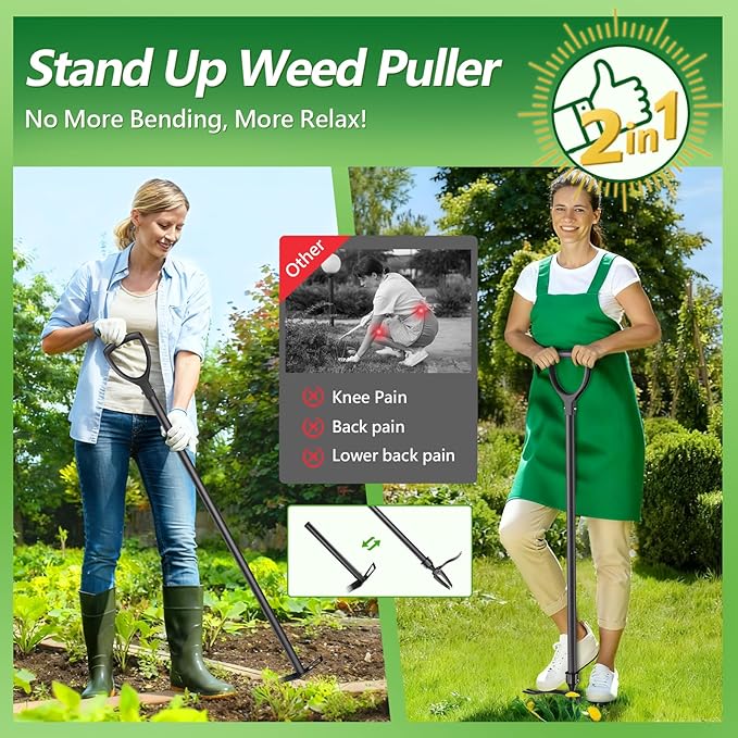 Weed Puller Tool, 2-in-1 Stand Up Heavy Duty Root Removal Tool with 4 Claw Head & Rake, Effortless Root Puller for Dandelion & Weeds, No Bending or Kneeling, Garden Tool for Lawn & Yard Care
