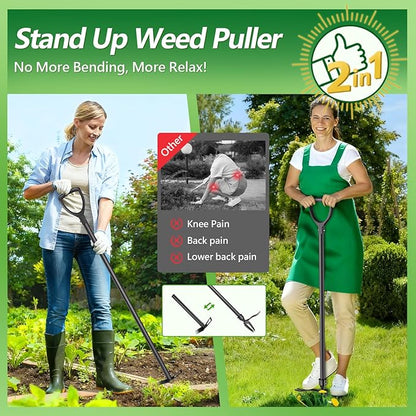 Weed Puller Tool, 2-in-1 Stand Up Heavy Duty Root Removal Tool with 4 Claw Head & Rake, Effortless Root Puller for Dandelion & Weeds, No Bending or Kneeling, Garden Tool for Lawn & Yard Care