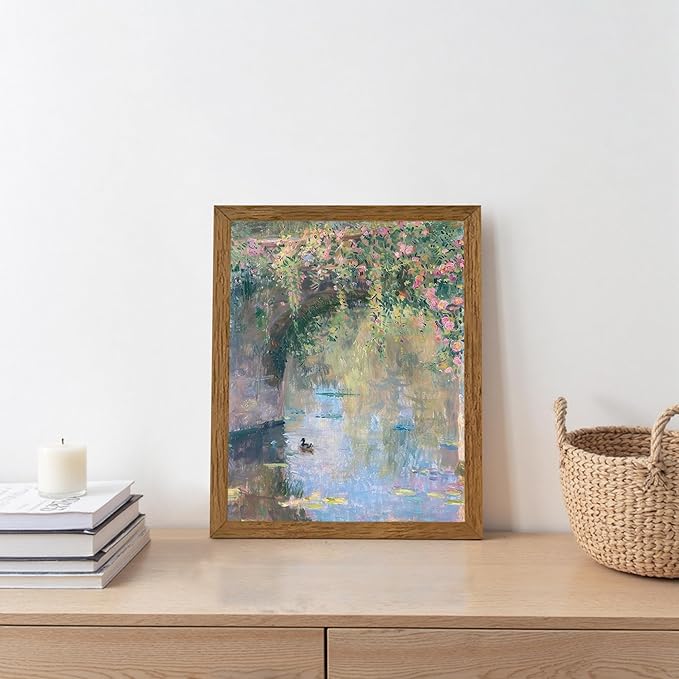 Wojuin Framed Vintage Monet Canvas Wall Art, Garden Rose Cute Animals Painting Picture Wall Decor, Sunset Iandscape Poster Impressionist Floral Prints for Living Room Bedroom Bathroom Office 8x10 in