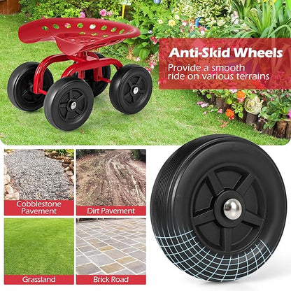 Garden Cart with Seat, Heavy-Duty Rolling Outdoor Wagon Scooter w/Height Adjustable & 360° Swivel Seat, Gardening Work Seat Stool, Patio Scooter on Wheels for Lawn Yard Planting(Red)