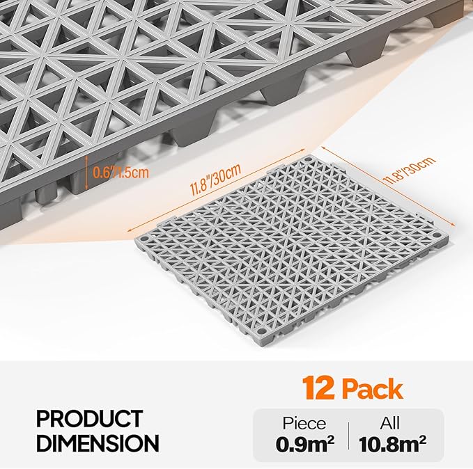 ROVSUN 12 PCS Interlocking Drainage Mat, 12’’x12’’ Drainage Tiles Interlocking,Soft PVC Floor Tiles, Non-Slip Drainage Holes for Restroom, Bathroom, Kitchen, Pool, Wet Areas,Grey