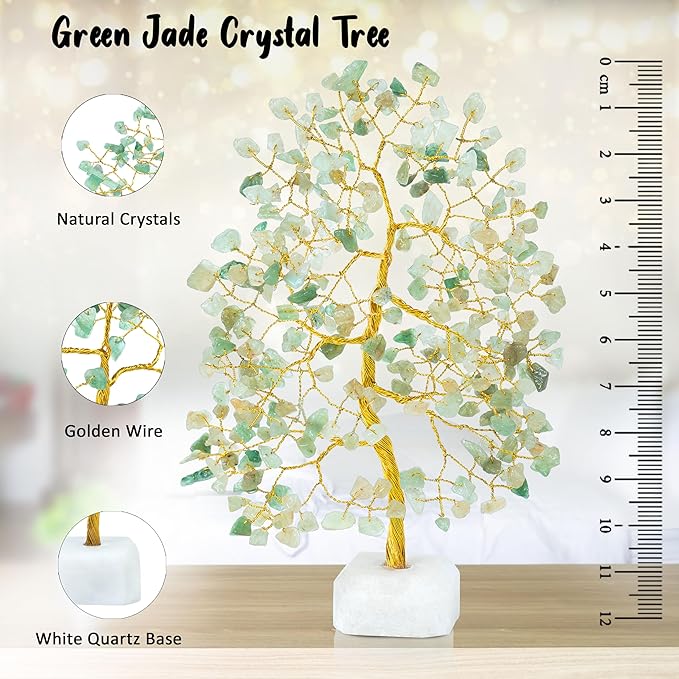 Crocon Green Jade Gemstone Tree with Natural Quartz Base Chakra Healing Crystal Tree of Life Feng Shui Money Bonsai Handmade Gemstone Tree Ornament Figurine Wealth & Good Luck Gift 10-12'' (CTR072a)