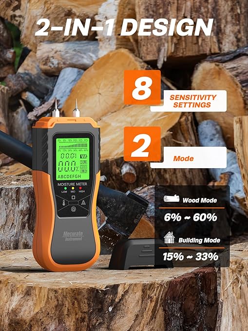 Mecurate Digital Pin Type Wood Moisture Meter with 3 Colored Indicators, Moisture Detector 2 Mode 8 Calibration Large Backlit for Wood, Wall, Firewall (Orange)