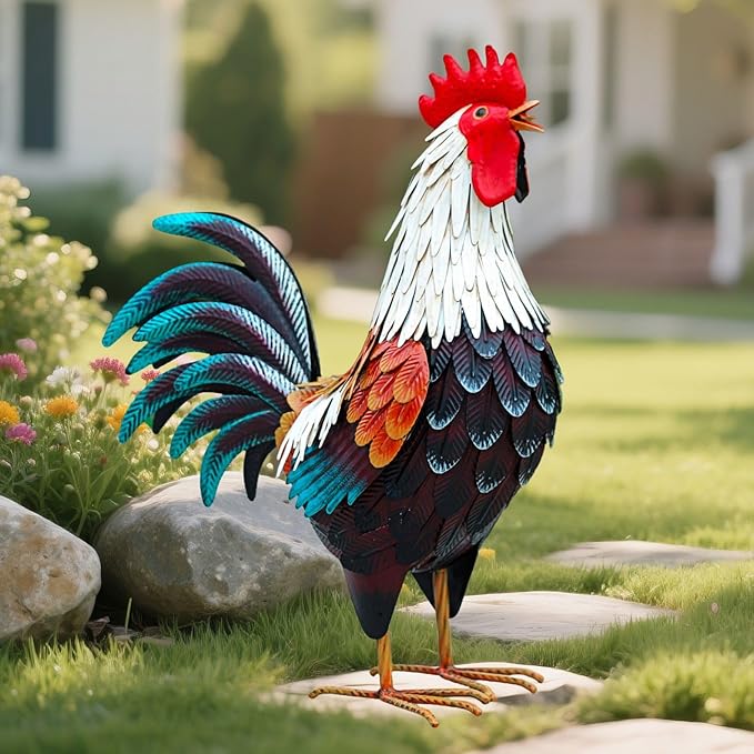 chisheen Metal Rooster Decor,Yard Chicken Decorations,Outdoor Garden Statues, Metal Chicken Sculpture for Backyard Patio Kitchen Decor & Lawn Ornaments