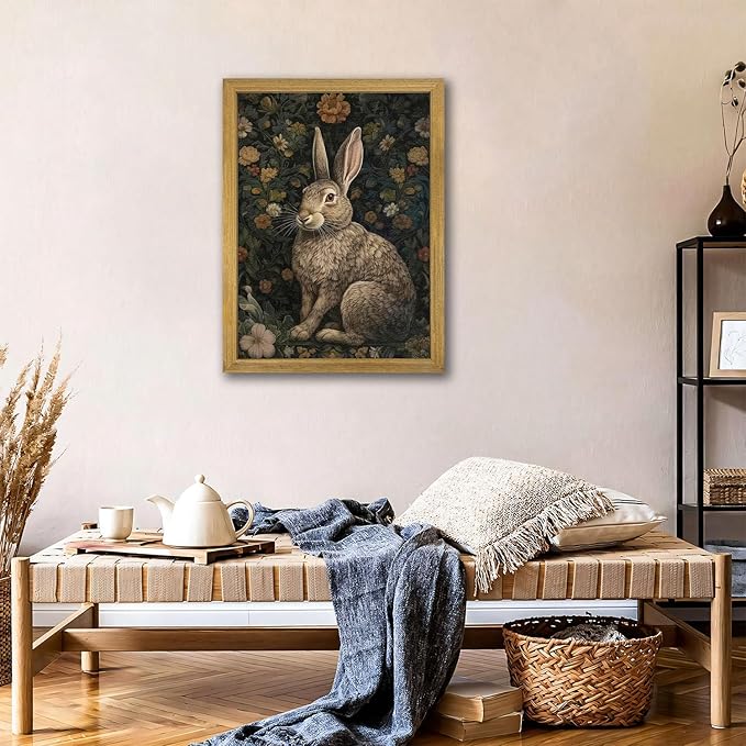 SAMHOU Framed 3D Textured Wall Art, Vintage Sandstone Hand Drawn Rabbit Wall Decor, Easter Cute Bunny Decor Painting, Nature Animal Flowers Pictures for Bathroom Living Room Bedroom Office 12x16 inch
