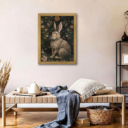 SAMHOU Framed 3D Textured Wall Art, Vintage Sandstone Hand Drawn Rabbit Wall Decor, Easter Cute Bunny Decor Painting, Nature Animal Flowers Pictures for Bathroom Living Room Bedroom Office 12x16 inch