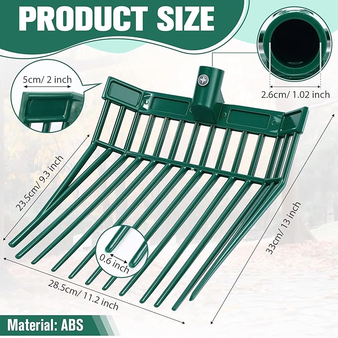 Lasnten 6 Pack Manure Fork Replacement Heads 12 Tines Heavy Duty Pitchfork Heads with Screws & Nuts Durable Horse Manure Rake for Picking up Grass Hay Animal Waste (Green)