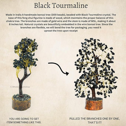 GEMSCITE Black Tourmaline Crystal Tree with Golden Wire – Handmade Gemstone Bonsai for Protection, Grounding & Home Decor
