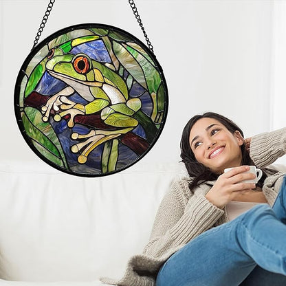 Stained Glass Window Hanging, Teal Frog Sun Catcher for Door Home Decor Green Suncatcher Christmas Mother's Day Birthday Gifts for Women Men Mom and Nana 15 in