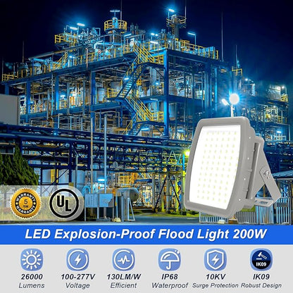 200W LED Explosion Proof Flood Light, Class I Division 2, 5000K IP68/IK10 Hazardous Location Lighting for Petroleum Refineries, Utility Gas Plants, Storage Areas, 100-277V, UL Listed