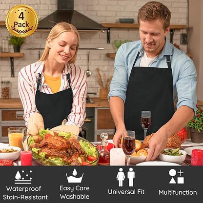 4 Packs Chef Apron, Black Waterproof Apron, Adjustable Aprons with 2 Pockets for Men Women, Professional Aprons for Kitchen Cooking Gardening Painting Baking Restaurant (Black)