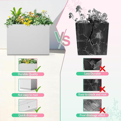 Metal Planter Box Rectangular Planter Box with Drainage Hole, Outdoor Large Planters, All-Weather Use, Rust-Resistance, for Flowers Plants, 35.4" L × 9.1" W × 25.6" H, White