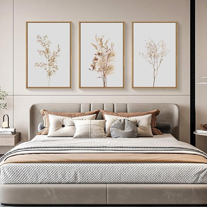Ausril Wildflower Floral Framed Canvas Wall Art Set, Beige Botanical Wall Decor, Minimalist Nature Flower Wall Painting, Modern Boho Farmhouse Art Print for Living Room, Bedroom, Office- 16"x24"x3