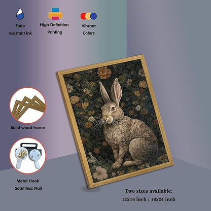 SAMHOU Framed 3D Textured Wall Art, Vintage Sandstone Hand Drawn Rabbit Wall Decor, Easter Cute Bunny Decor Painting, Nature Animal Flowers Pictures for Bathroom Living Room Bedroom Office 12x16 inch