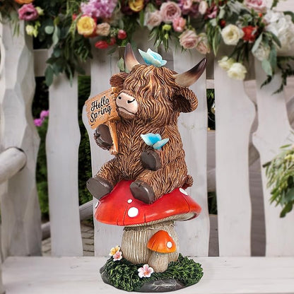 Highland Cow Garden Statue with Solar Butterfly Lights, Spring Outdoor Highland Cow on Mushroom Butterfly Decoration for Yard, Patio, Lawn, Cows Figurine Housewarming Gift for Women, Mom