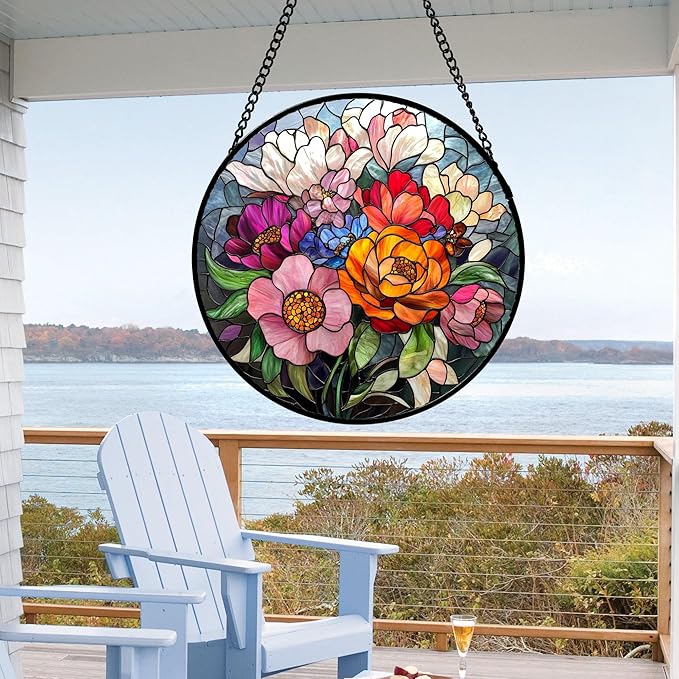 Stained Glass Window Hanging Flowers and Wildflowers 9.8" - Suncatcher Door Garden Sun Catcher Home Decor Birthday Thanksgiving Christmas for Mom Woman Nana Friend