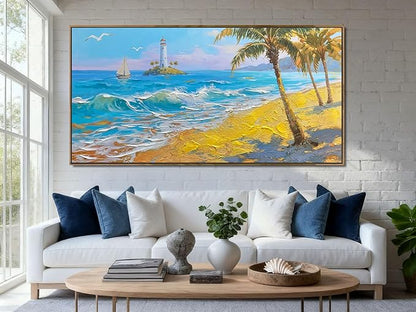 Brushart Beach Nautical Wall Art for Living Room Large Coastal Bedroom Pictures Paintings Wall Decor Ocean Textured Artwork for Dining Room Walls Home Office, Framed 58"x29"
