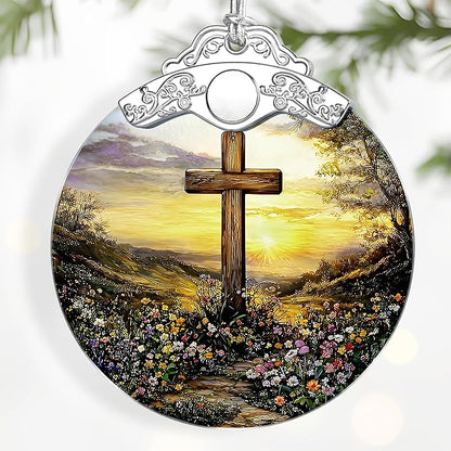 Cross Sunset Ornament – Christian Christmas Decor & Religious Christmas Ornament; Christian Home Decor (Holiday Present, Bauble Present, Christian Gifts, Religious Gifts, Gift Idea, Gift Exchange)