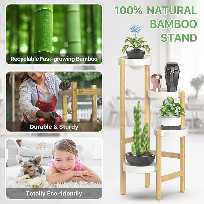Bamboo Plant Stands for Indoor Plants, Tall Plant Stands for Corner Plant Shelf Multiple Flower Holder for Indoor Outdoor Garden Patio Balcony Living Room (4-tier)