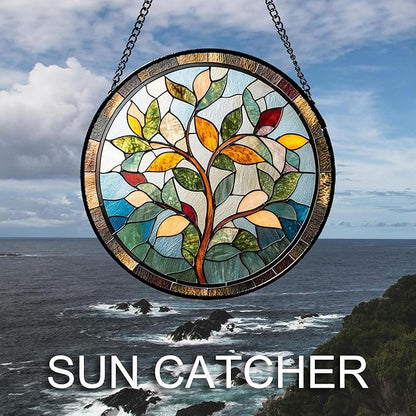 Stained Glass Window Hanging Colorful Tree of Life Large 11.8" - Plant Leaves Suncatcher Door Garden Sun Catcher Home Decor Birthday Christmas for Mom Men Woman Nana Friend